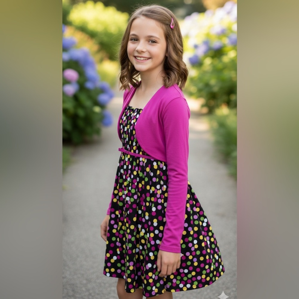Girls Polka Dot Dress w/ Built-In Cardigan